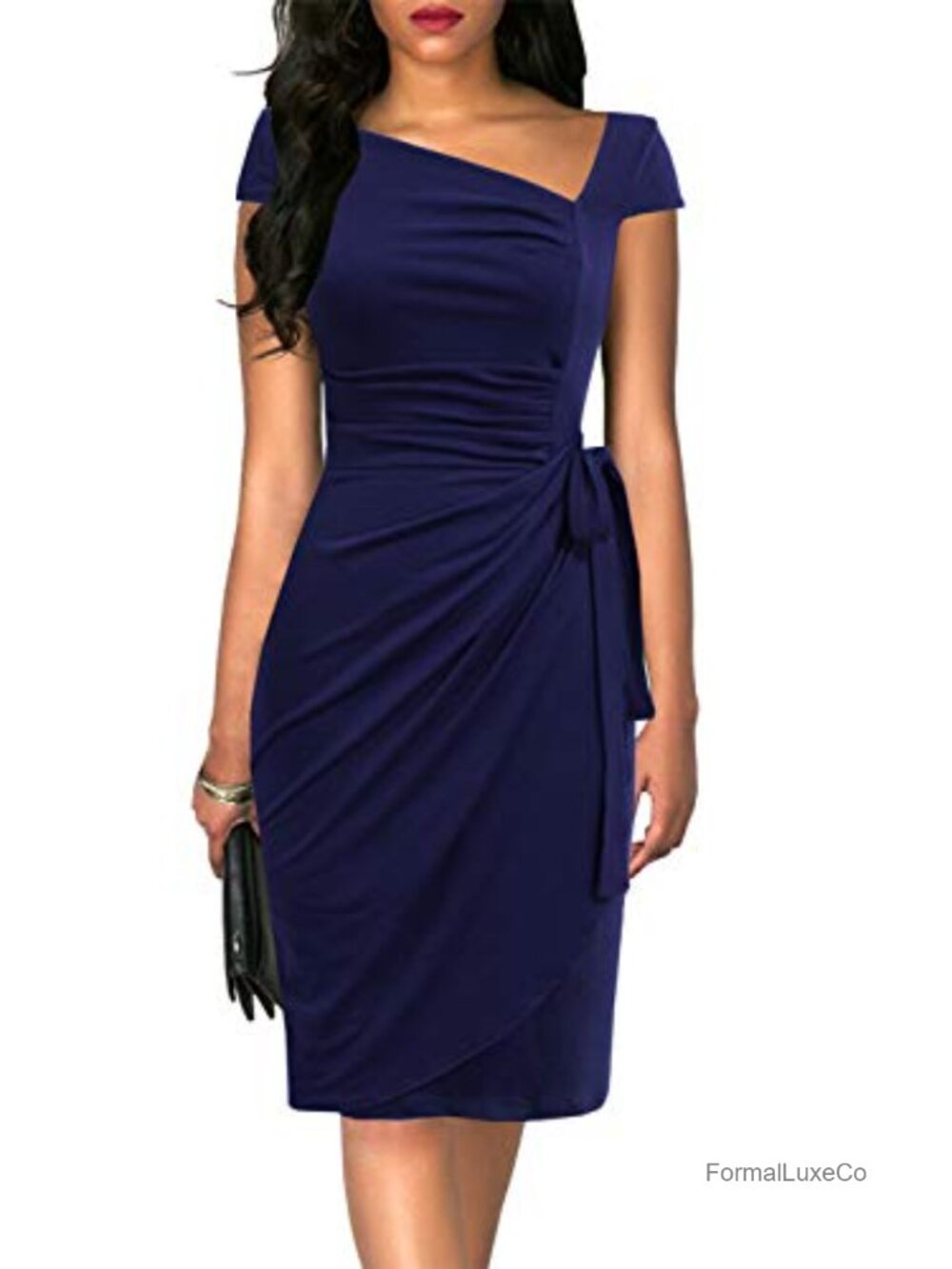 Women's Vintage Cap Sleeve Asymmetrical Neckline Sheath Bodycon Wrap Dress